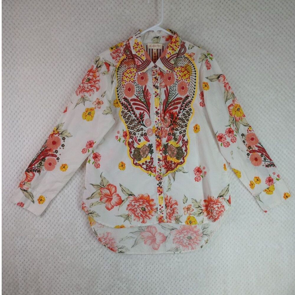 Button-Down Floral Print Shirt - White with Coral & Yellow